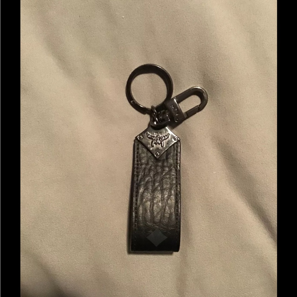 MCM Black and Silver Key & Card Holder with Leather and Metal Accents